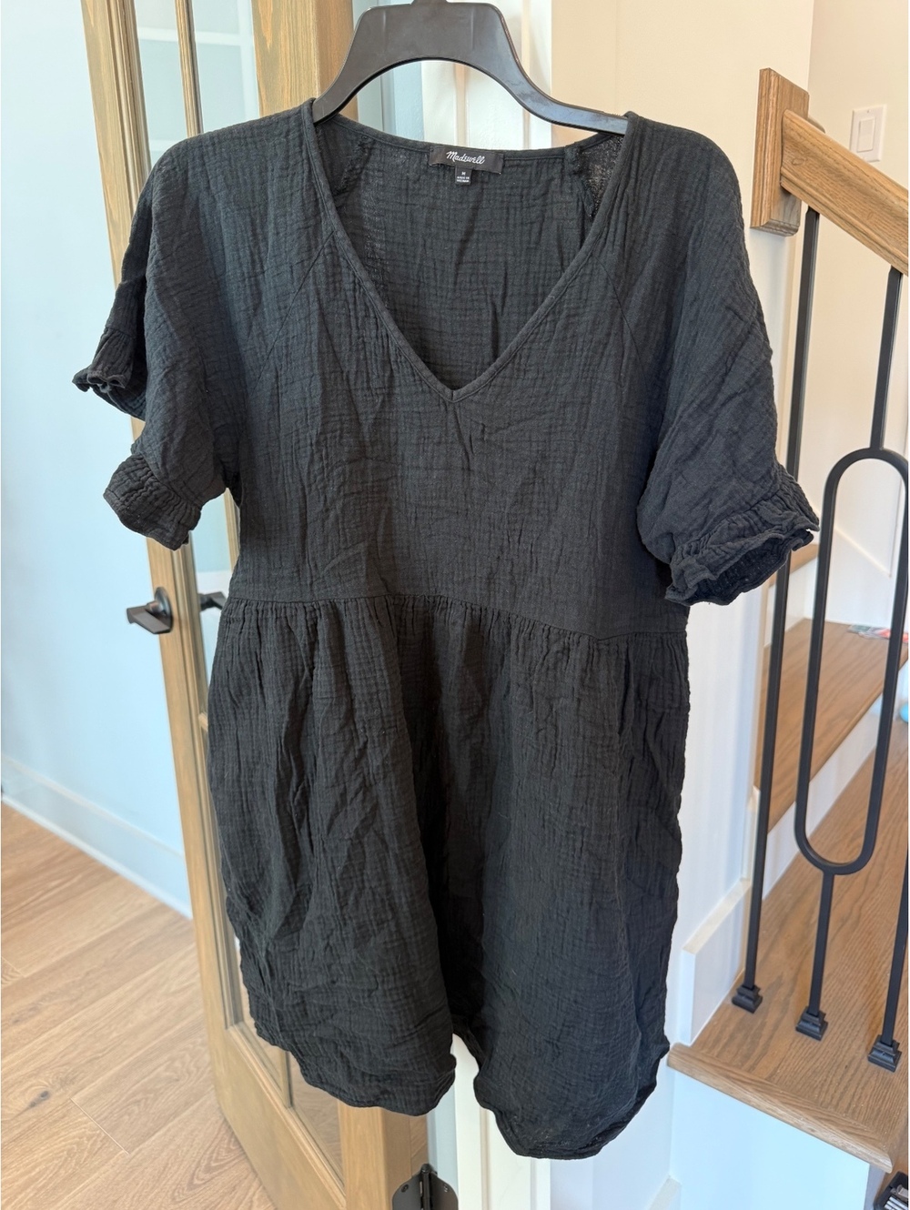 Madewell Black Cotton Babydoll Dress with Puff Sleeves, Size M